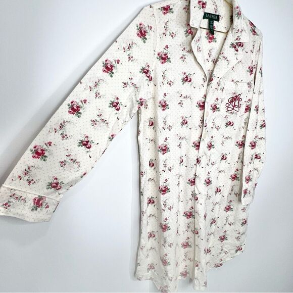 Lauren Ralph Lauren Floral Print Embroidered Logo Sleep Shirt Cottagecore Small - Picture 2 of 9